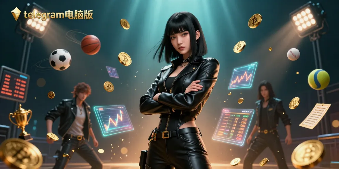 在这个生动的3D赌场场景中,与Telegram电脑版互动,展示了一位强大的亚洲女性 surrounded by dynamic sports elements.
