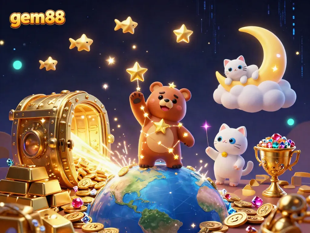Experience the excitement at gem88 with this vibrant 3D casino-themed illustration featuring treasure elements and whimsical characters.