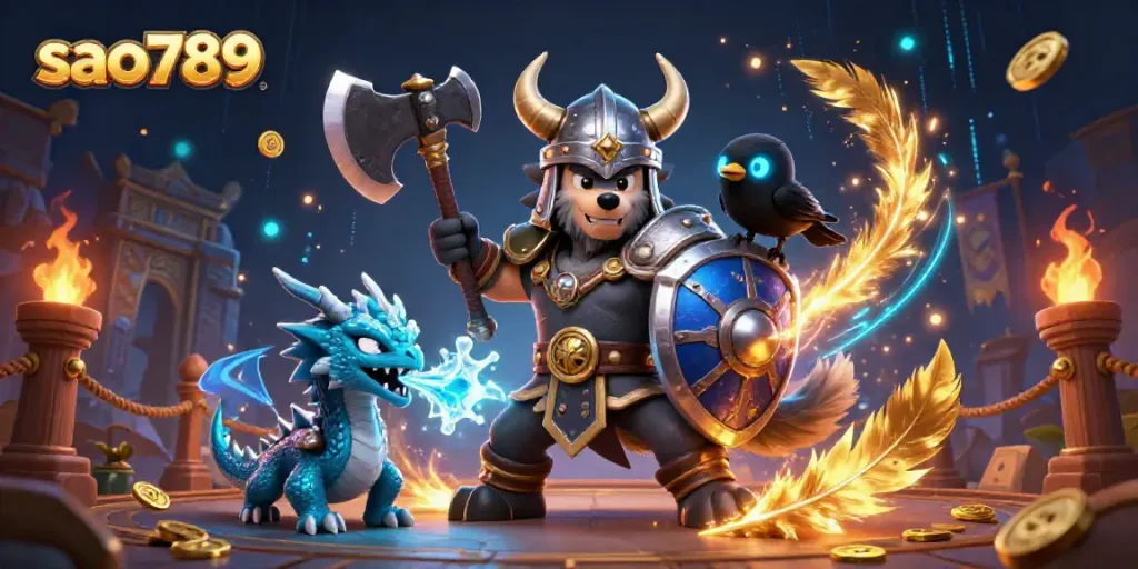 Engage with the magical world of sao789, featuring a Viking warrior and dragon amidst enchanting casino elements.