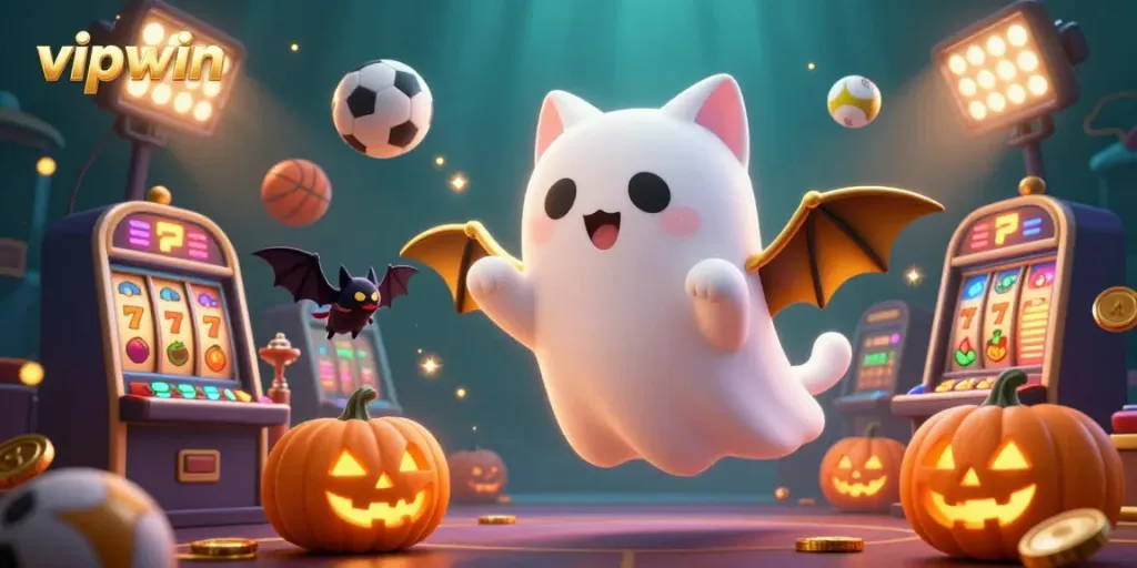 Experience thrilling gameplay at vipwin casino with our vibrant ghostly scene filled with dynamic gaming elements.