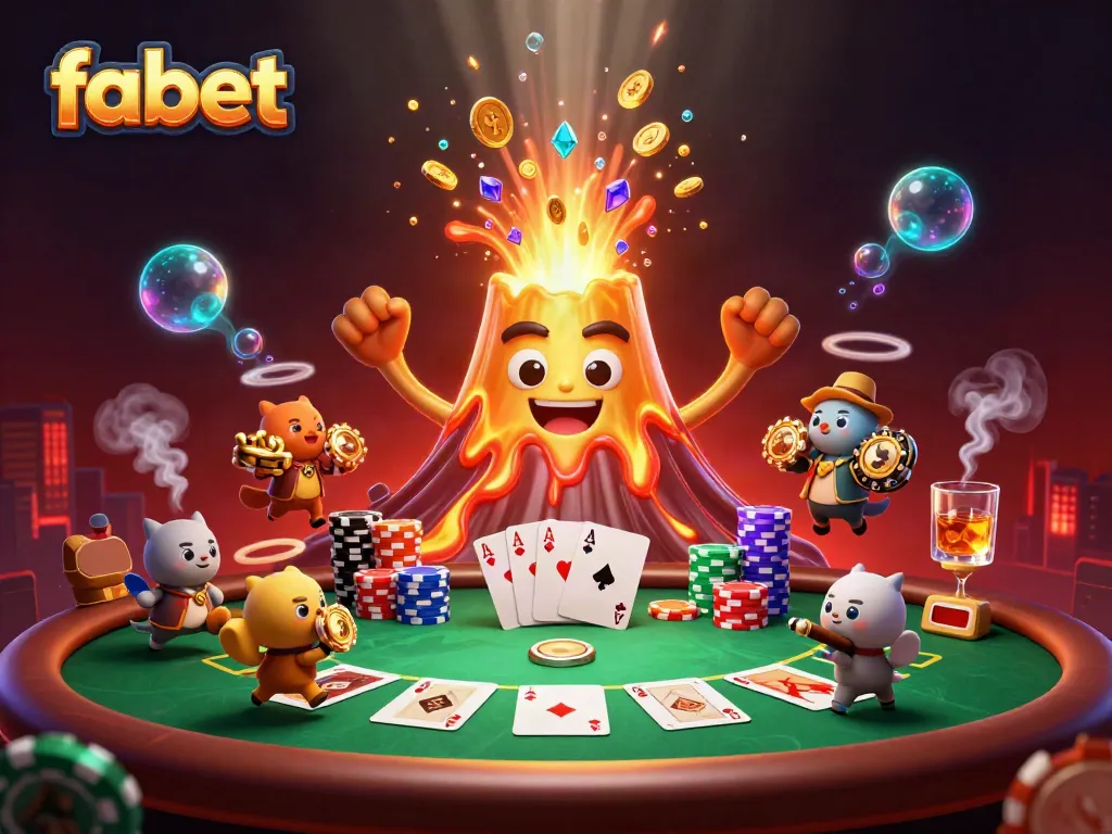 Experience thrilling moments at fabet with a triumphant volcano erupting coins amidst poker excitement.