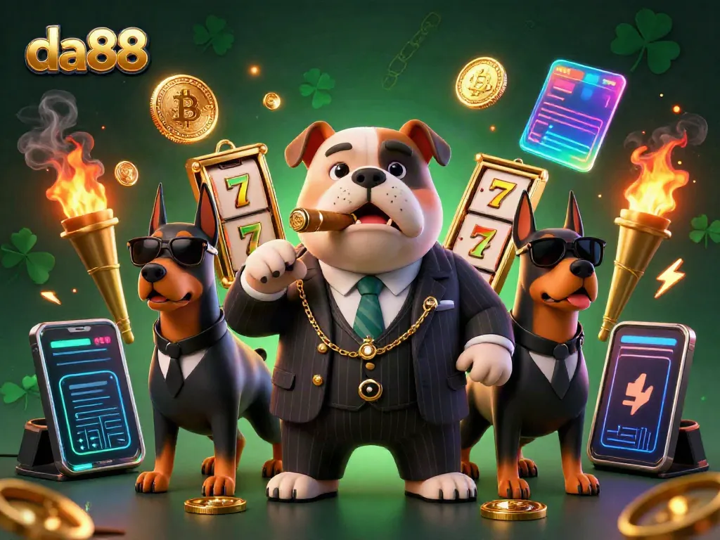 Experience thrilling action at da88 with vibrant slots and lucky symbols surrounding a mafia boss bulldog.