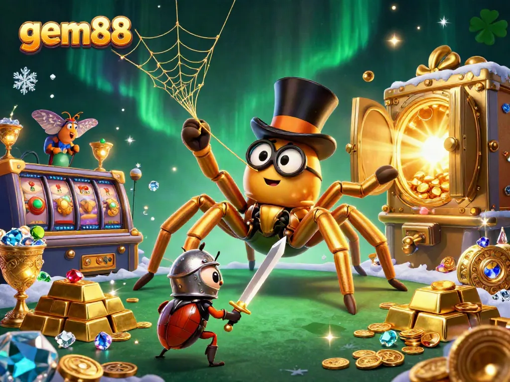 Experience the enchanting world of gem88 with a golden tarantula and a beetle knight in a vibrant casino scene.