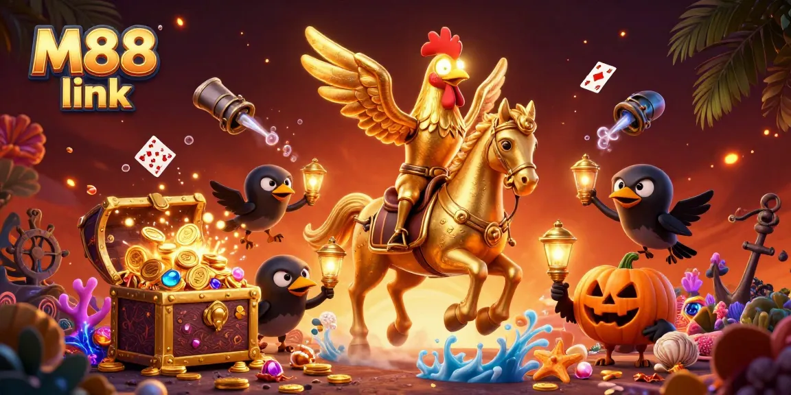 Experience the thrill of M88 link in a vibrant casino scene with dynamic characters and gambling elements.