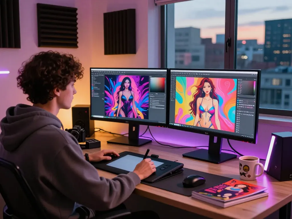 AI porn artist creating innovative digital illustrations in a modern studio environment.
