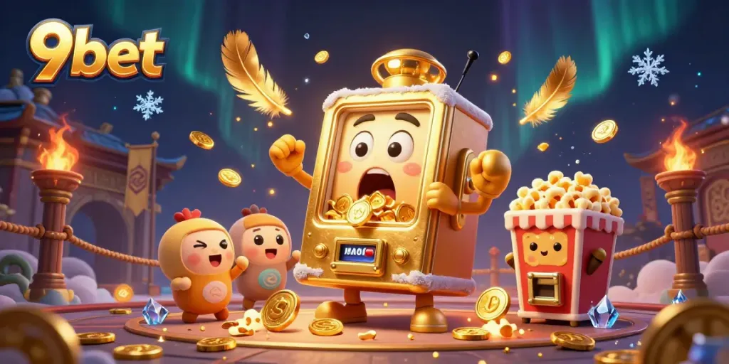 Win big with 9bet at a vibrant golden slot machine and cheering companions in a dynamic casino scene.