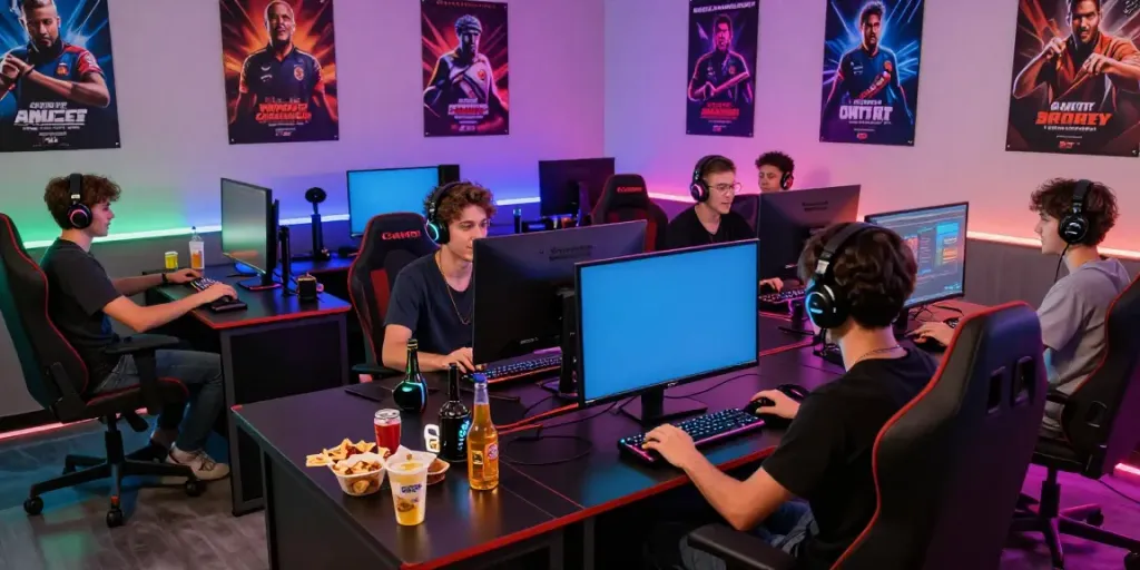 Friends enjoying online gaming at https://ku88vt.com/ with vibrant lights and gaming tools.
