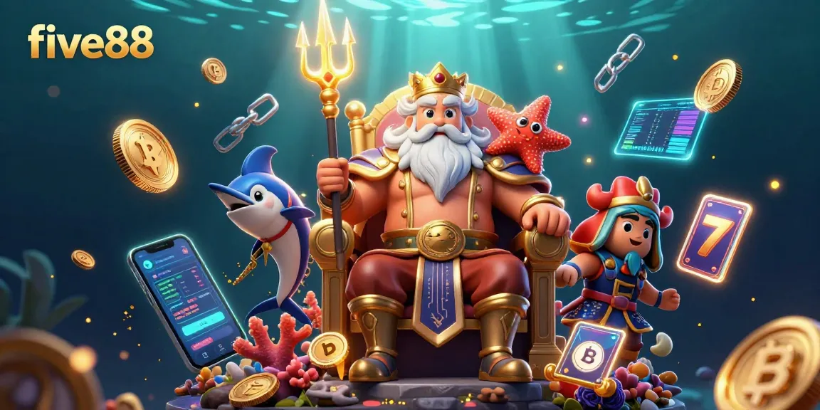 Engage with five88's vibrant casino scene featuring Neptune and crypto elements.