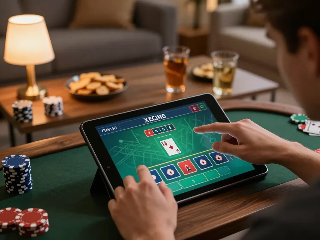 Engaged player enjoying online poker at home, showcasing rr88 gaming experience.